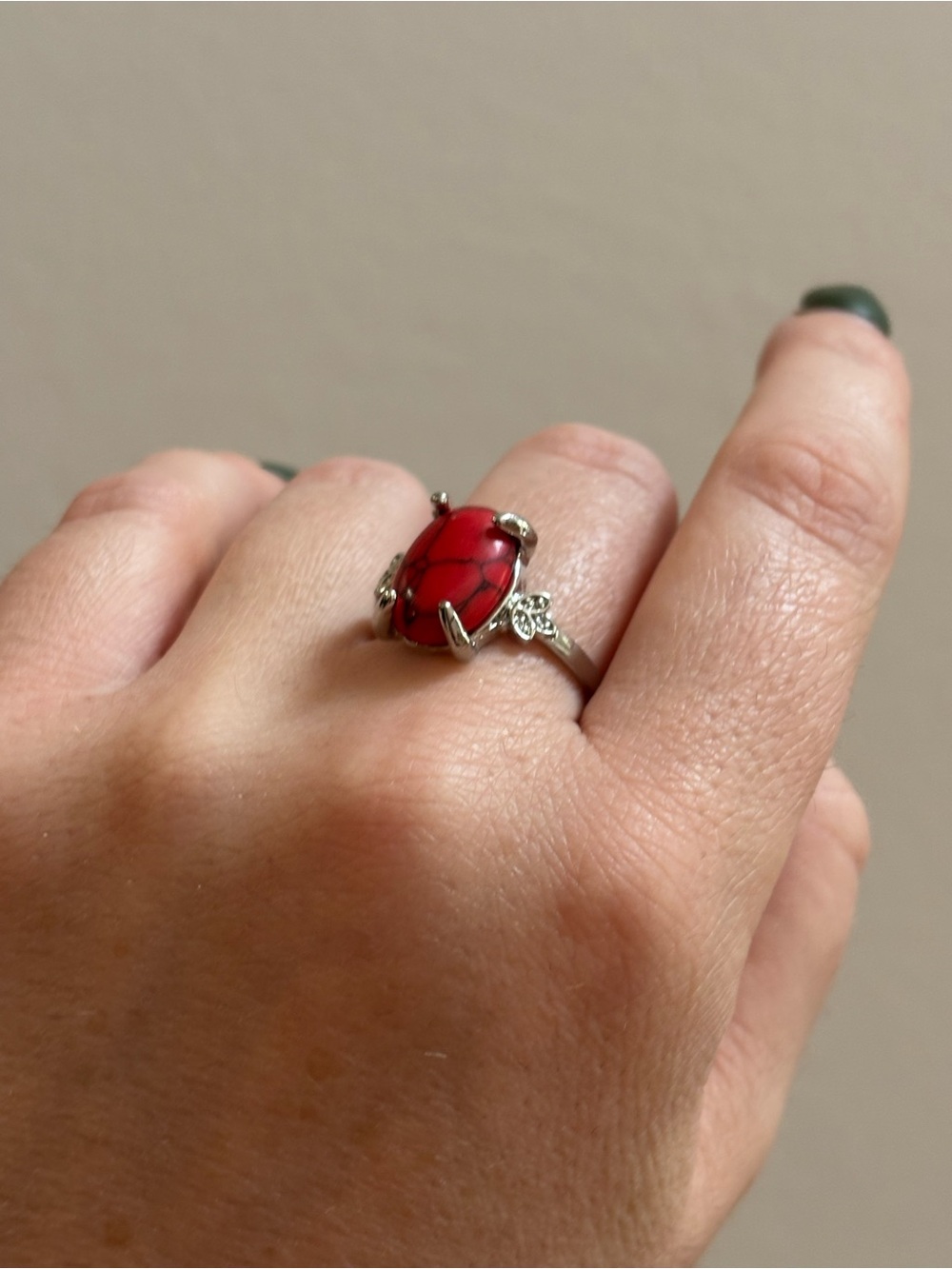 Ornate Silver Tone Oval Red Turquoise Ring with Leaflet Accents